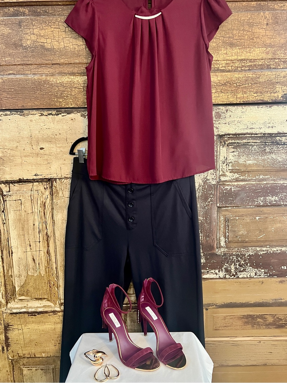 NWOT Black Wide Leg Pull On Pants | Button Detail Stretch Career Pants | Size L